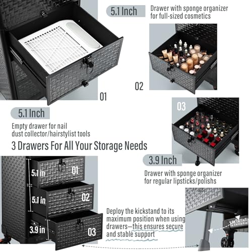 Salon Cart with 3 Drawers, Nail Trolley Cart with Wheels Salon Station Rolling Makeup Train Case Cosmetology Case Organizer Cases for Nail Tech,SPA,Face Painting,Hairstylist,Makeup Artist