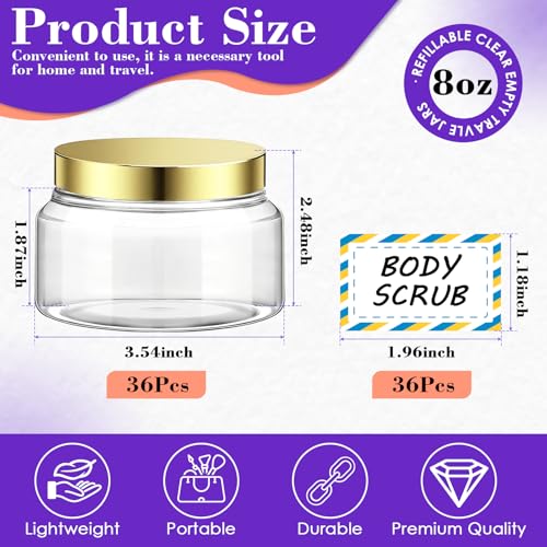 36 Pack 8 oz Plastic Cosmetic Containers With Lids Refillable Clear Empty Travle Jars Containers for Body Butter,Sugar Scrubs,Cream,Lotions,Candy, Waterproof Label&Spatulas - (Gold)