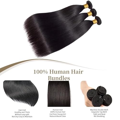 Straight Bundles Human Hair, 22 24 26 Inch Bundles Straight Hair Brazilian 12A Double Weft Hair Extensions for Black Women 100% Unprocessed Virgin Human Natural Black