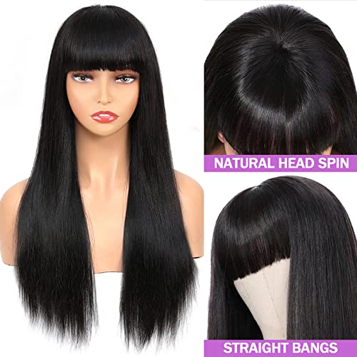 Human Hair Wigs with Bangs Straight Bang Wigs for Black Women Human Hair 150% Density Brazilian Glueless None Lace Front Wig Human Hair Natural Color(26 Inch, Straight)