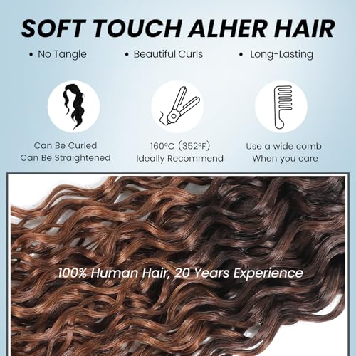 ALHER 12A Ombre Human Hair 3 Bundles Water Wave 20/22/24 Inch, Salon Quality Soft Thick Chestnut Brown Ombre Curly Bundles Wet and Wavy 100% Remy Hair #T1B/2/30 Dark Root to Medium Auburn Sew In Weave