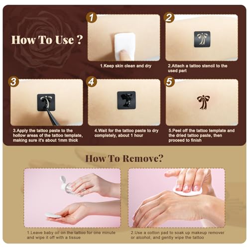 95 PCS Temporary Tattoos Stencils Kit,Temporary Tattoos Kit - 6 Pcs 3 Color(black*1,brown*4 & Red*1) Ink with 6 removal wipes,10 disposable cotton swabs DIY Body Art Painting for Women Men Adults Kids