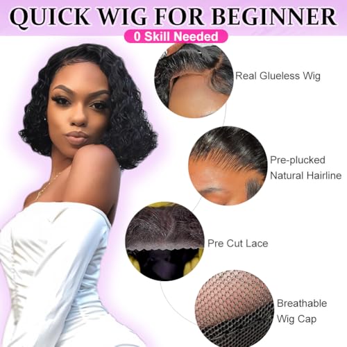 Left Side Part Bob Wig Human Hair Glueless Wigs Human Hair Pre Plucked Pre Cut Hd Lace Closure Wear and Go Glueless Wig Short Black Curly Wig 12 Inch Brazilian Human Hair Wigs for Black Women