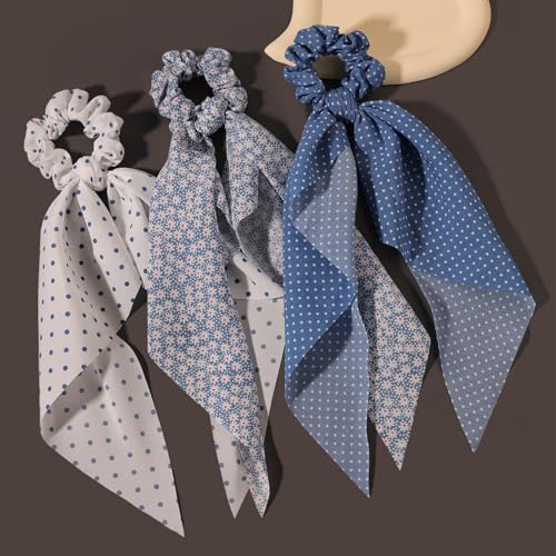 LFOUVRE Elastic Hair Scrunchies and Ribbons - Knotted Bow Hair Ties, Scarf Scrunchies Ponytail Holders for Women and Girls 3pcs