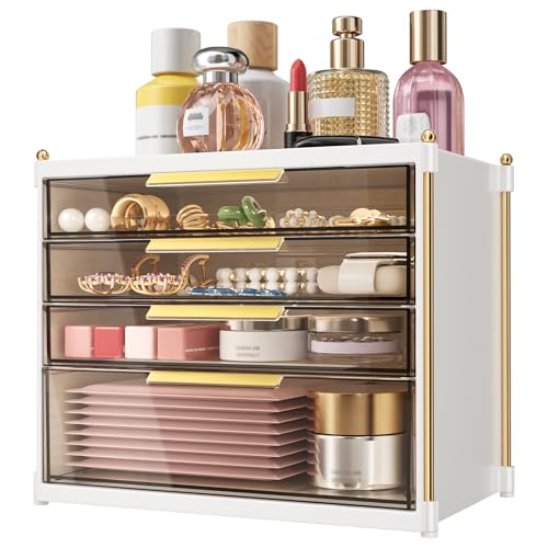 Aveniee 4 Drawers Makeup Organizer- Bathroom Organizers and Storage, Plastic Bins Countertop Perfume Vanity Desk Organization for Cosmetic, Skincare, Face Mask, Jewelry, Gold