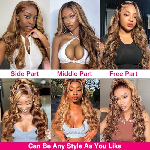 250% Density Honey Blonde Body Wave Lace Front Wig Human Hair 4/27 Highlight Ombre Lace Front Wigs 13x6 Glueless HD Transparent Lace Frontal Wig for Women Pre Plucked with Baby Hair (30inch)