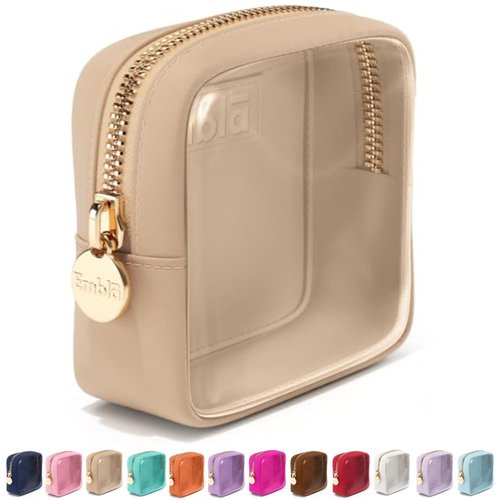 Embla London Makeup Bag Cosmetic Case, Clear Zipper Make Up Pouch and Toiletry Travel Tote, Cute Skincare Pouches for Women Girls, Preppy Purse Cosmetic Organizer, Mini Makeup Bags, Sand