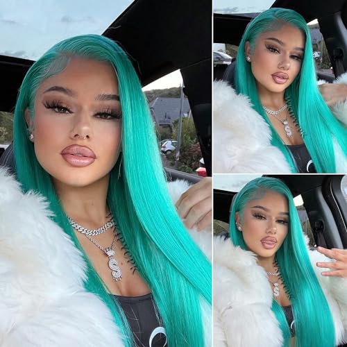 Blue Green Color Synthetic Lace Front Wigs for Fashion Women 24 Inch Long Silky Straight Hair Mint Green Wig 13x4 HD Lace Front Wigs Pre Plucked Hairline