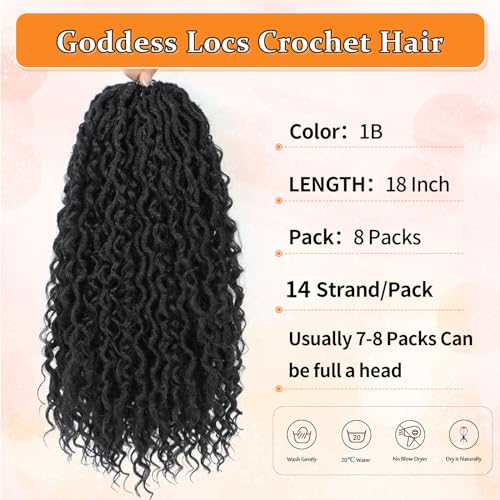 Wodun Goddess Locs Crochet Hair 18inch, 8 packs Faux Locs Crochet Hair,Pre-looped Crochet Hair with Curly Ends, River Locs Crochet Hair For Black Women (18 Inch (Pack of 8), 1B)