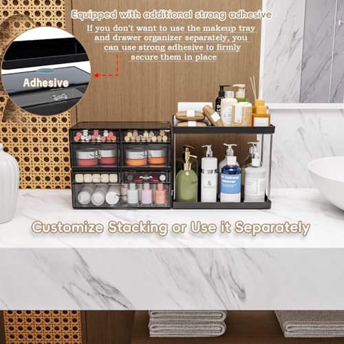 3 Pack Bathroom Organizers and Storage Countertop With 7 Drawers,Stackable Vanity Drawer Organizer for Makeup,18.9" Tall Large Capacity Skincare Organizer and Exquisite Makeup Organizer,Black