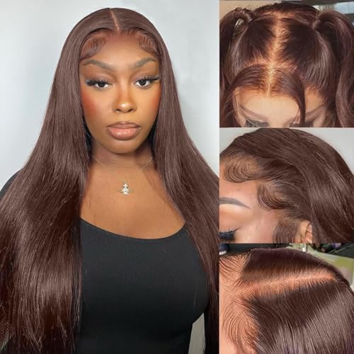 Chocolate Brown Wigs Human Hair Pre Plucked Brazilian Unprocessed Straight 13x4 HD Lace Frontal Wigs with Baby Hair Colored Glueless Wigs for Women (Chocolate Brown,28 Inch)