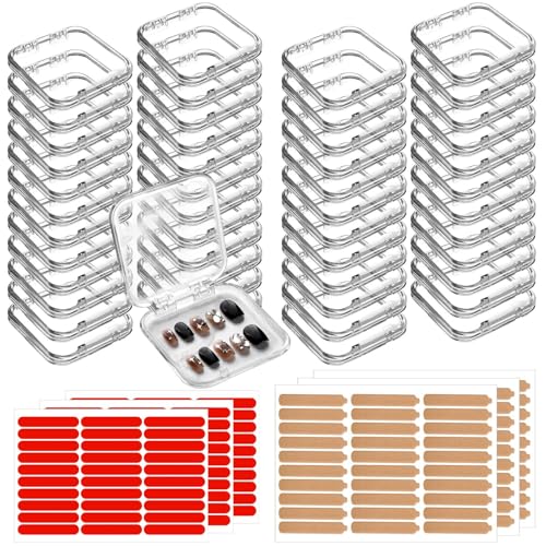48 Sets Press On Nail Storage Box, Clear Artificial Nail Display Case Acrylic Nail Boxes Press On Nail Packaging Box, Adhesive Double Sided Tape Nail Box for Nail Salon
