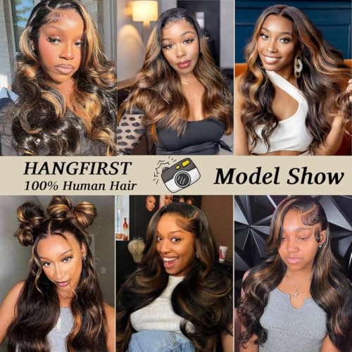 32Inch 13x6 Highlight Body Wave Lace Front Wig Human Hair Pre Plucked 180% Density 1B/30 Ombre Frontal Wigs Brazilian Virgin Human Hair Wigs for Women Pre Plucked with Baby Hair