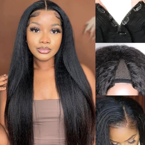 V Part Human Hair Wig Kinky Straight V Part Wig Human Hair for Black Women 24 Inch Glueless Yaki Straight Wigs Clip Upgrade Natural Beginner Friendly Middle Part 200% Density