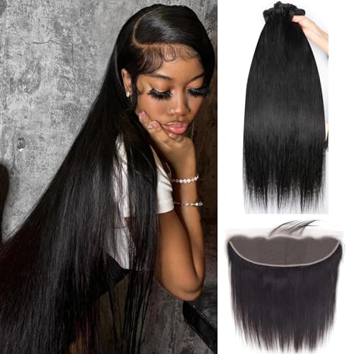 Human Hair Bundles with Frontal 3 Bundles with 13x4 Lace Frontal Free Part 12A Straight Hair 100% Unprocessed Brazilian Virgin (straight 3 bundles with frontal, 30 30 30+20)