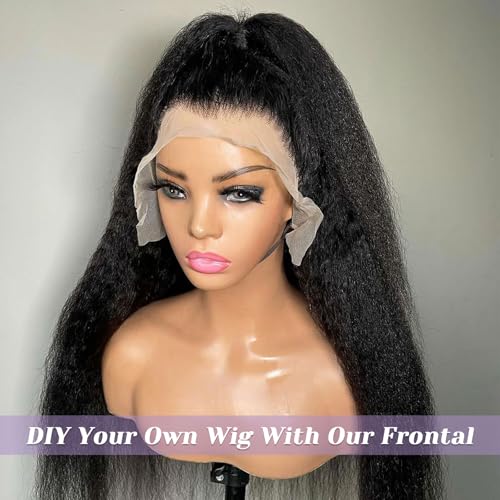 Kinky Straight Frontal 13x6 Frontal Human Hair Transparent HD Lace Frontal Yaki Straight Frontal Closure 100% Human Hair Ear to Ear Lace Frontal Natural Black Color 20Inch 150% Density