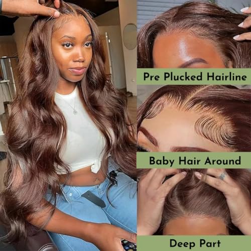 HC 20inch Chocolate Brown Lace Front Wig 13x6 HD Body Wave Human Hair Brown Human Hair Wig 200% Density Pre Plucked Glueless Brown Wig human hair for Women£¨20inch£©