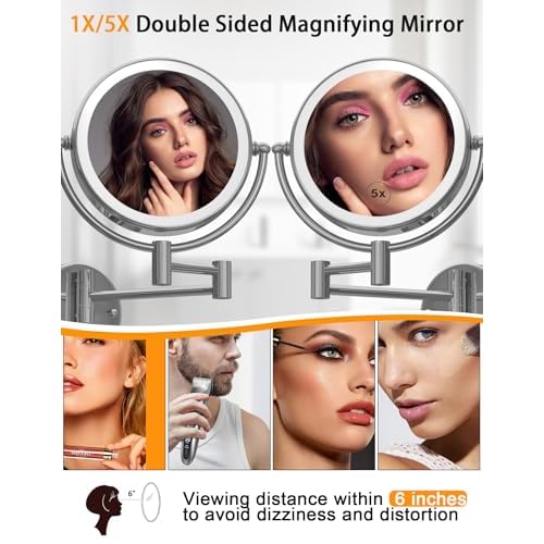Wall Mounted Lighted Makeup Mirror with Magnification 5X, Rechargeable Magnifying Shaving Cosmetic Mirror with Extendable Swing Arm for Bathroom, Touch Stepless Dimming, Chrome