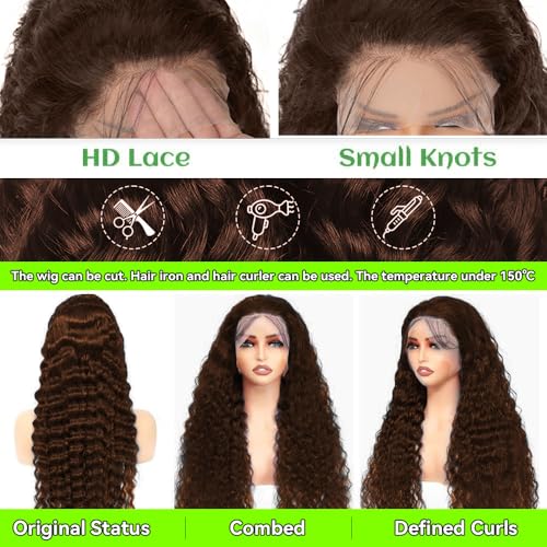 13x6 Chocolate Brown Lace Front Wig Human Hair HD Deep Wave Lace Front Wigs Human Hair Colored Deep Curly Lace Frontal Wigs Glueless Wig for Woman Pre Plucked Human Hair 22 Inch