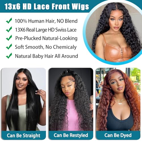 SOSATISFY 28 Inch 13x6 Deep Wave Lace Front Wigs Human Hair 200 Density HD Transparent Lace Frontal Curly Wigs for Women Glueless Curly Wigs Pre Plucked with Baby Hair Natural Color