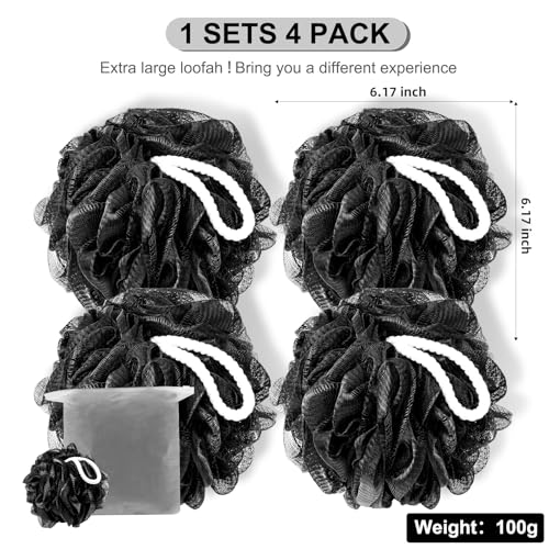 Loofah Sponge XXL-100g 4 Pack, Bath Sponge Soft Mesh Shower Puff Loofah for Men, Exfoliating Body Scrubber for Women, Shower Accessories (Black)