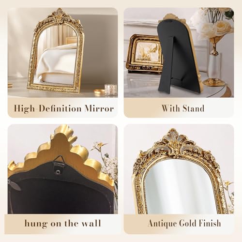 YUSONG Vintage Makeup Desk Mirror - 7" Gold Antique Mirror for Tabletop Resin Frame Decorative Wall Art for Living Room, Bedroom Decor, Vanity Table