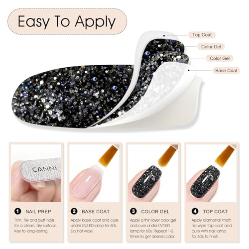 CANNI Glitter Gel Nail Polish ? 1pcs 9ml Black Color, Diamond Glitter Series, Soak Off UV LED Gel Nail Polish for DIY Nail Art, Salon or Home Manicure