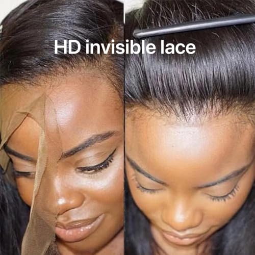 Short Bob Straight Wig with Bleached Knots 250% Density Pre Plucked Natural Color Brazilian Glueless Wig with 4C Kinky Edges Hairline 13x4 HD Invisible Lace Front Wigs with Curly Baby Hair 8 Inch