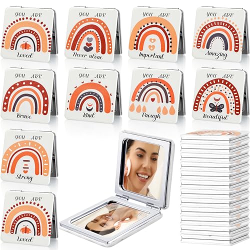 Suzile 18 Pcs Boho Rainbow Pocket Mirror Inspirational Compact Mirror Bulk Small Mirror for Purse Thank You Gifts for Women Employee Coworker Teacher Magnifying 1x/ 2x