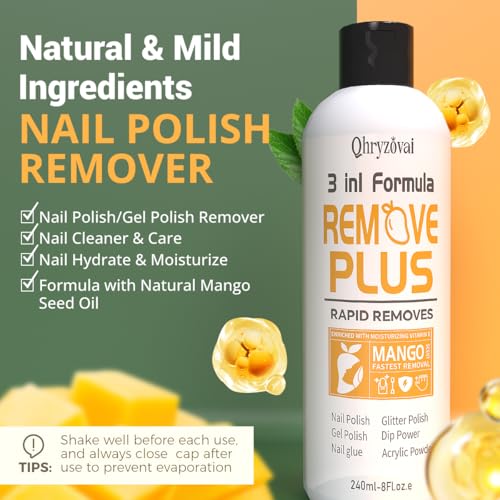 Acetone Nail Polish Remover: Professional Soak off Gel Polish Nail Glue Remover Natural Formula with Mango Oil 8 Fl Oz for Acrylic Dip Powder Remover at Home Salon