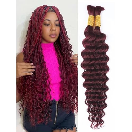 Burgundy Human Braiding Hair for Boho Braids 2 Bundles 20 Inch 100g 99J Deep Water Wave Bulk Human Hair for Braiding Wet and Wavy Curly Bundles No Weft Micro Braiding Hair Human Hair Extensions