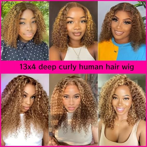 4/27 Highlight Ombre Bob Wig Human Hair 13x4 Deep Curly Human Hair Wig 200 Density Hd Lace Front Wigs Human Hair For Women Pre Plucked Wet And Wavy Short Bob Wigs 16 Inch