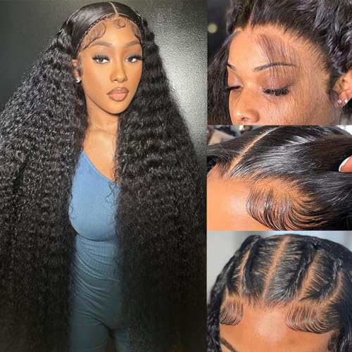 13x6 Deep Wave Lace Front Wigs Human Hair Glueless Wigs 200% Density HD Transparent Lace Front Wigs Pre Plucked Bleached Knots Curly Lace Front Wig 26 Inch