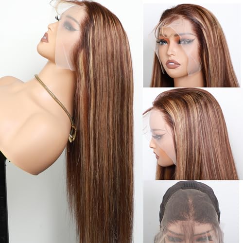 VIPbeauty 30 inch 4/27 Honey Blonde Lace Front Wig Human Hair 13x4 HD Transparent Lace Front Wigs Highlight Ombre Lace Front Wig Straight Lace Front Wigs 180% Density Pre Plucked with Baby Hair