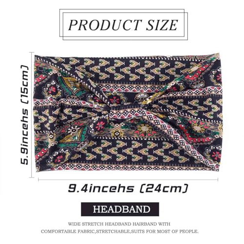 Olbye Wide Boho Headbands Floral Stretch Head Wraps Bohemian African Turban Hairbands Knotted Bandana Headband Yoga Running Head Scarfs Workout Hair Accessories for Women 4Pcs (Boho, 9.4 * 5.9'')