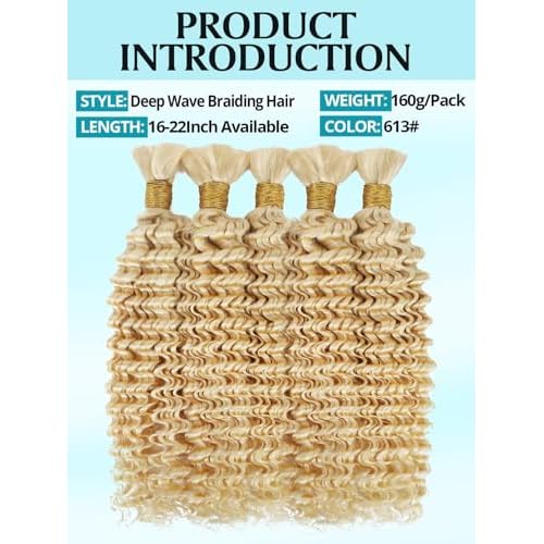 160g 5 Bundles/Pack 613 Blonde Human Braiding Hair for Boho Braids 20 Inch Curly Boho Hair for Braiding Knotless 12A Deep Wave Bulk Bohemian Color 613