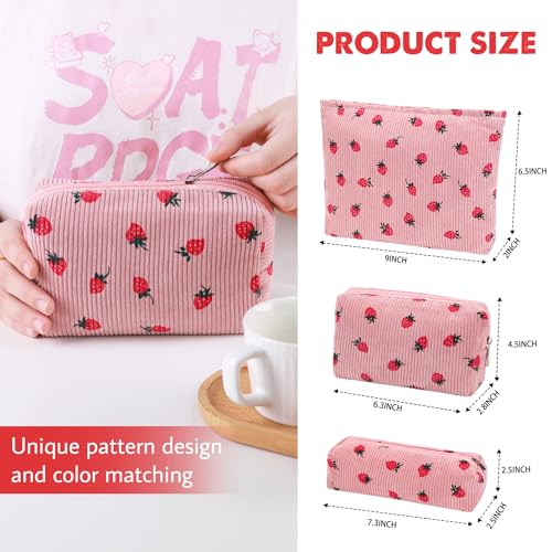 3 Pcs Makeup Bag Cosmetic Bag Set for Girls Women Travel Organizer Bathroom Toiletry Pouch Large Capacity Storage Bag (Strawberry Pink)