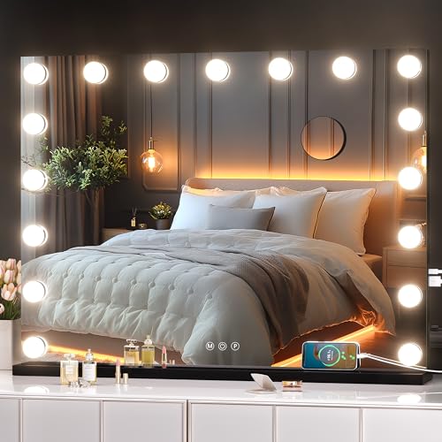 Hasipu Vanity Mirror with Lights, 32" x 24" Hollywood Mirror, Makeup Mirror with 17 Dimmable Bulbs and 10X Magnification, 3 Colors Modes, Touch Control, USB Charging Port, Type-C (Square Black)
