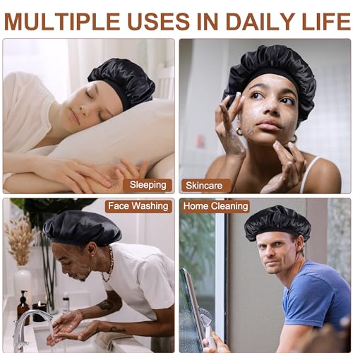 MoHern Bonnets for Men, Double Layer Satin Hair Bonnet for Sleeping, Reversible Night Cap, Black Bonnet for Curly Hair, Satin Bonnet for Black Men and Women