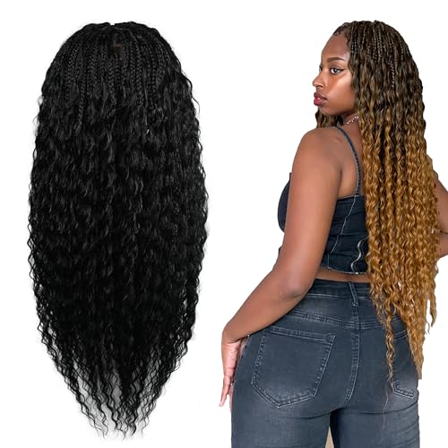 Single Full Lace Braid Wig ? Micro Boho Peruvian Deep Wave Box Braided Wig, Knotless Braided Wigs for Black Women, Curly Hair Wig, with Natural Baby Hair (#1 Jet Black, 32")