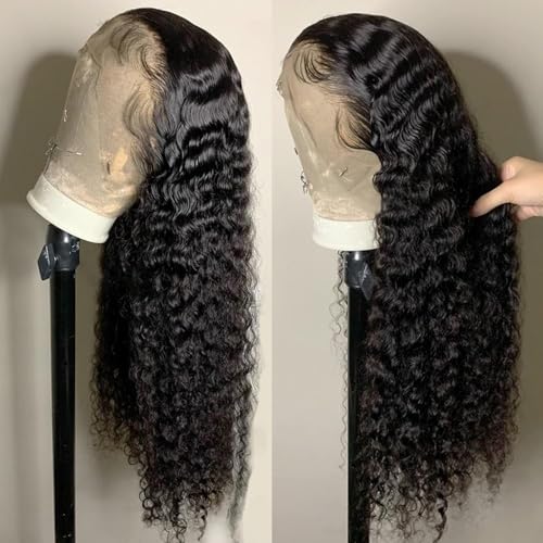 13x6 Deep Wave Wigs Human Hair Deep Wave Lace Front Wigs Human Hair 200% Density HD Lace Frontal Wigs for Balck Women Pre Plucked Glueless Deep Curly Wig Natural Black (26 Inch)