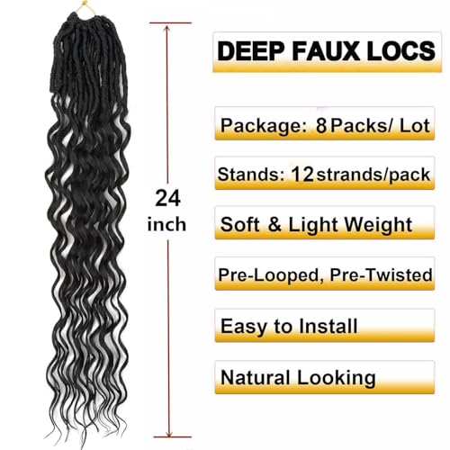 Deep Faux Locs Crochet Hair 8 Packs 24 Inch Soft Locs Crochet Hair Pre Looped Deep wave Crochet Hair for Black Women Goddess Locs Crochet Braids with Curly Ends Dreadlocs Synthetic Hair Extension 1B
