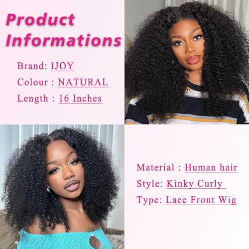 ijoy Natural Black Kinky Curly Wig Human Hair 16 Inch 13x4 Lace Front Wigs 180 Density, Full and Thick Afro Curly Wigs for Black Women Brazilian Virgin Hair Bob Frontal Wig Natural Black Afro kinky