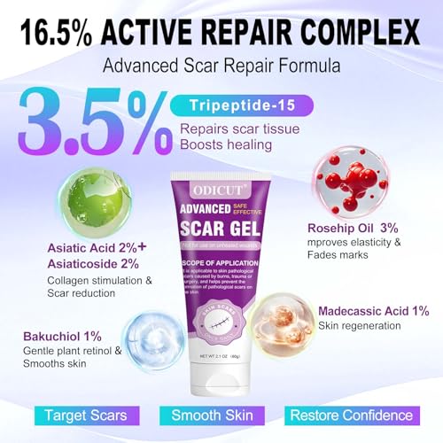 Silicone Scar Gel, Intensive Scar Cream, 2.1oz Keloid Bump Removal for Stretch Marks Removal, Surgical Scars, Cesarean Section, Acne, Injury, Burns, Doctor-tested Scar Improvement (60g)