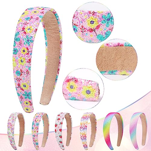 Fishdown Headbands for Girls 3 CM Wide, 6 Pack Sparkly Hair Bands for Kids, Flower Rainbow Sequin Girls Headbands for Kids Children Teens Women