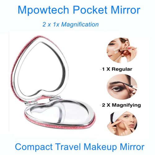 mpowtech Red Heart Shaped Compact Mirror for Purse,1x/2x Magnification Cute Travel Mirror with Glitter,2.76 inch Double-Sided Mini Folding Mirror,Small Pocket Mirror for Gift,Travel Essentials