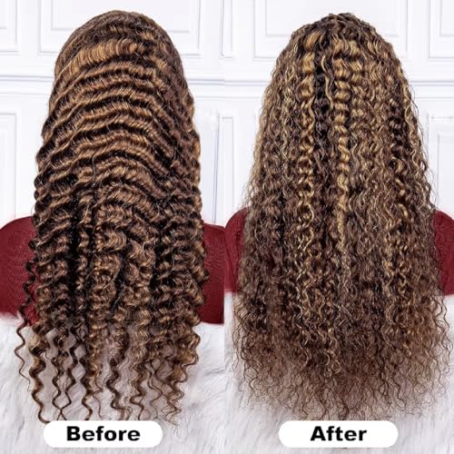 28 Inch 13x6 Highlight Ombre Deep Wave HD Lace Front Wigs Human Hair Pre Plucked 200% Density 4/27 Honey Blonde Glueless Curly Human Hair Wig for Women