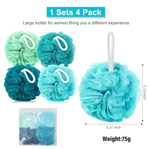 Loofah for Women 75g 4 Pack, Bath Sponge Soft Mesh Shower Puff Loofah Sponge, Exfoliating Body Scrubber, lufas for Women, Shower Accessories (Blue)