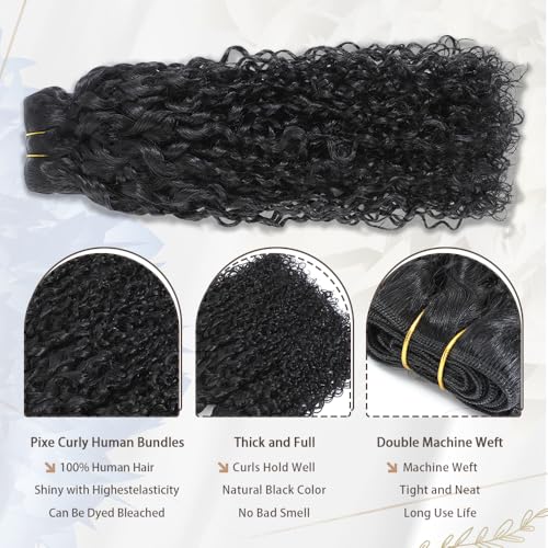 Pixie Curly Bundles Human Hair Water Wave Human Hair Bundles 16 18 20 Inch Kinkycurly Bundles 3c4a Quick Weave Water Wave with Spiral Curly End 100% Raw Virgin Hair Extensions 3pcs Wavy Natural Black