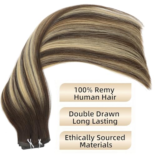 Seamless Clip in Hair Extensions Remy Human Hair, 20 Inch 120G, Rooted Chocolate Brown Base Mixed with Caramel Blonde, Balayage Invisible PU Clip In Hair, Skin Weft Human Hair Extensions